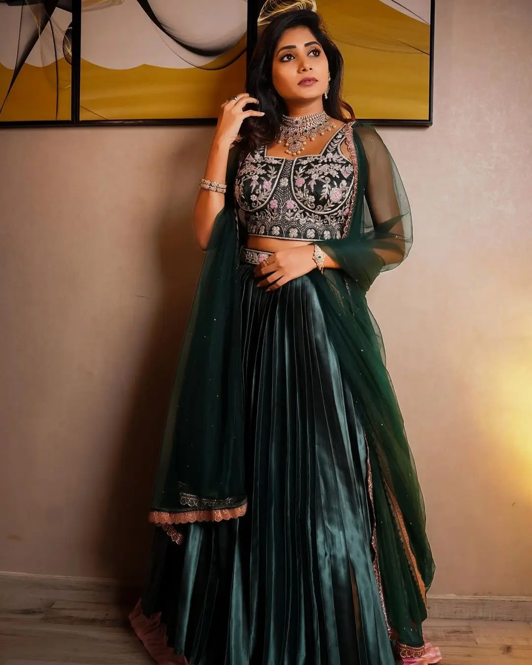 Vasanthi Krishnan Wearing Traditional Green Saree Blouse